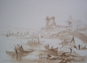 Francesco Guardi - Imaginary landscape with ruined towers and fishermen tent