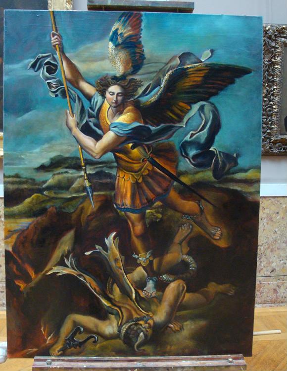 Copie d'après Raphael - Saint Michel terrassant le dragon, peinture à l'huile sur toile, 100x73 cm