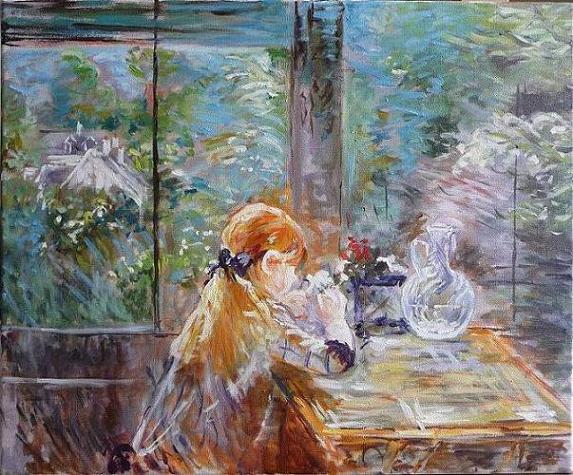 Copie d'après Berthe Morisot - Petite fille au bouquet - peinture à l'huile sur toile, 38x46 cm